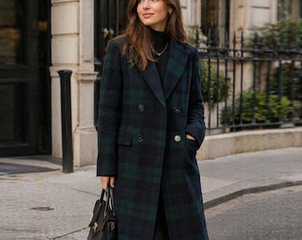 Custom Tartan Long Coat for Women Handmade Scottish Highland Winter Fashion Double Breasted Coasts Available in 60+ Plaids