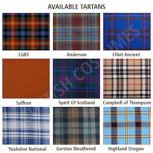 May include: A grid of nine fabric swatches showcasing various tartan patterns. The swatches include the names: LGBT, Anderson, Elliot Ancient, Saffron, Spirit Of Scotland, Campbell of Thompson, Youkshor National, Gordon Weathered, and Highland Dragon.