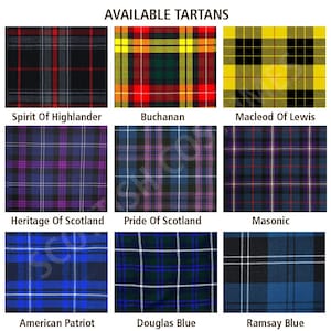 May include: Nine different tartan patterns are displayed, each with a unique color scheme and name. The tartans include Spirit of Highlander, Buchanan, Macleod of Lewis, Heritage of Scotland, Pride of Scotland, Masonic, American Patriot, Douglas Blue, and Ramsay Blue.