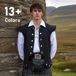 May include: A man wearing a traditional Scottish outfit. The outfit includes a black vest with silver square accents, a white collared shirt, and a tartan kilt. The image also displays the text "13+ Colors".