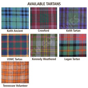 Op de afbeelding: Een verzameling tartanpatronen, elk in een vierkant formaat. De tartans tonen verschillende kleurencombinaties, waaronder blauw, groen, rood en oranje. De tekst "AVAILABLE TARTANS" staat bovenaan, met namen als "Keith Ancient" en "Tennessee Volunteer" onder elk patroon.