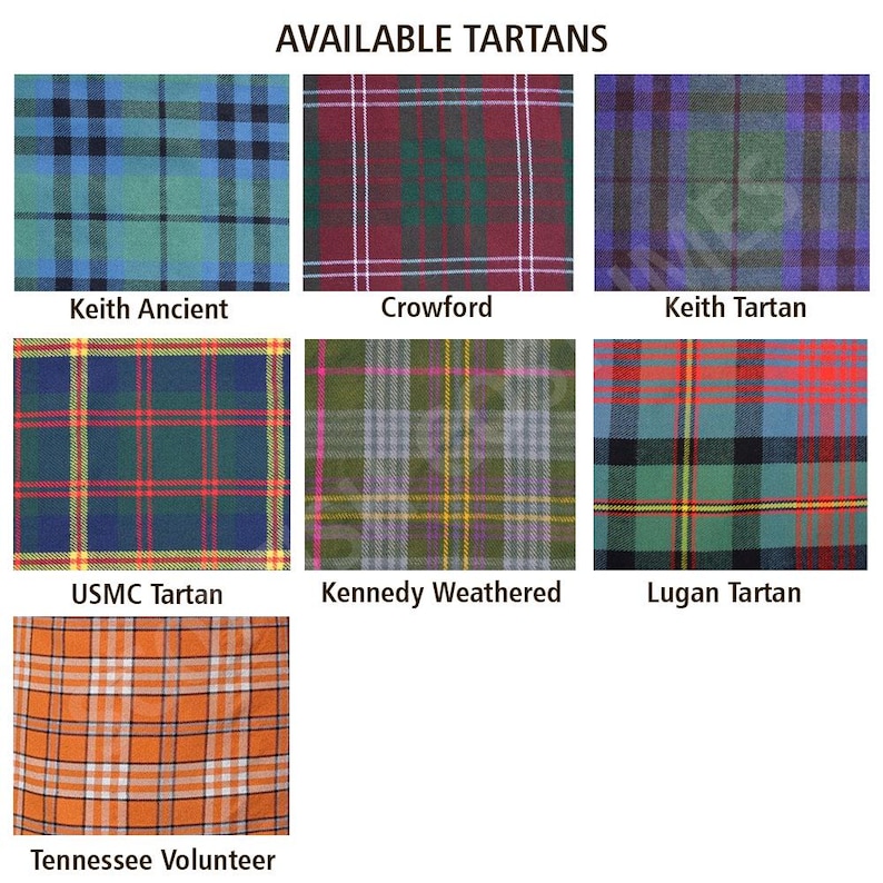 Op de afbeelding: Een verzameling tartanpatronen, elk in een vierkant formaat. De tartans tonen verschillende kleurencombinaties, waaronder blauw, groen, rood en oranje. De tekst "AVAILABLE TARTANS" staat bovenaan, met namen als "Keith Ancient" en "Tennessee Volunteer" onder elk patroon.