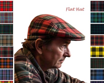 May include: A man wearing a red, green, and black plaid flat cap. The cap is available in 50 different tartan patterns. The text "Flat Hat" is visible in the image.