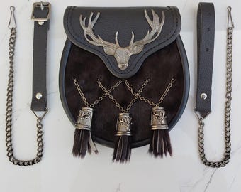 Antique Stag Head Badge Black Leather Sporran Brown Fur Handmade Real Leather Semi Dress Kilt Outfit Sporrans Highland Day Sporran for Men