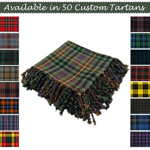 May include: A green, black, and yellow plaid scarf with a thick fringe. The scarf is folded and displayed with a variety of tartan patterns. Text at the top reads "Available in 50 Custom Tartans."