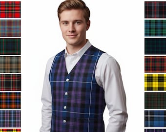 Op de afbeelding: Een man draagt een paars en blauw geruit vest met zilveren knopen over een wit overhemd. De afbeelding toont verschillende tartanpatronen en de tekst "Available in 60 Custom Tartans".