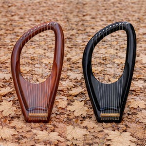 May include: Two lyre harps are shown, one in a dark brown wood and the other in black. Each has a curved frame, strings, and a soundboard. The instruments are set on a bed of autumn leaves.