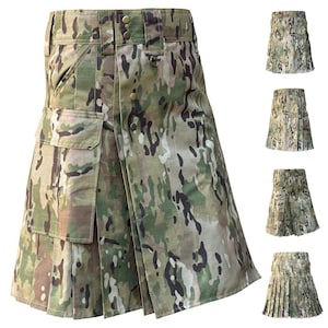 Scottish Tactical Kilt for Men Handmade Military Cargo Pockets 100% Cotton Work Kilt Camouflage Highland Mens Utility Working Boys Kilts