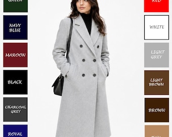 Custom Color Double Breasted Women Wool Long Coat Avialable in18 Different Colors