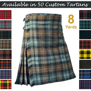 May include: A kilt made of a brown, green and yellow tartan fabric with a fringe. The kilt is 8 yards long and available in 50 different tartans.