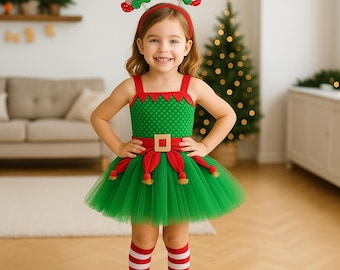 Kerstelf tutu-jurk: feestelijke groene en rode tule vakantiejurk