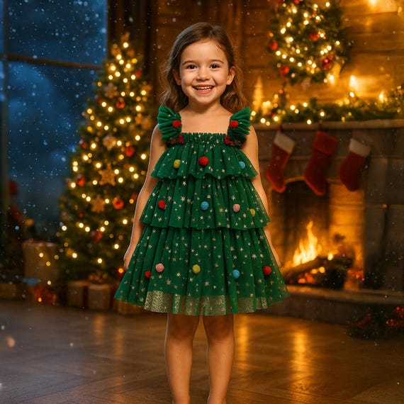 Girls' Christmas Ruffle Dress: Green Holiday Dress With Pom Poms - Etsy