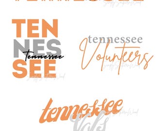 May include: A collection of graphic designs featuring the word "Tennessee" in various styles and colors. The designs include the words "Volunteers" and "Vols" in a mix of orange, gray, and black fonts. The overall theme is related to Tennessee.