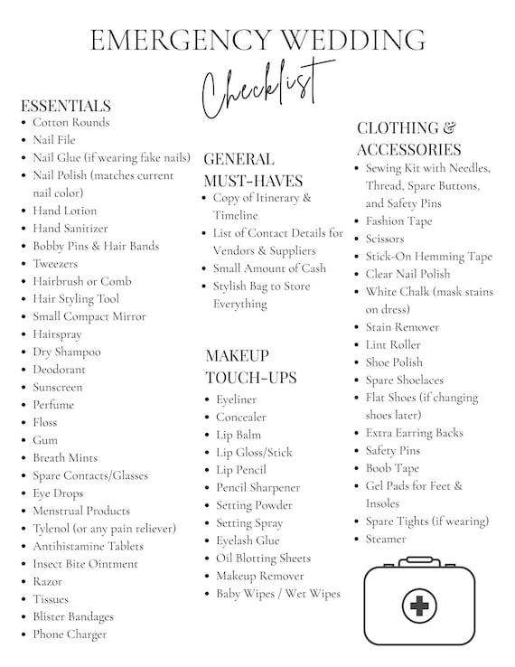 Wedding Day Emergency Checklist, Bridal Kit Essentials (PDF Digital Download)