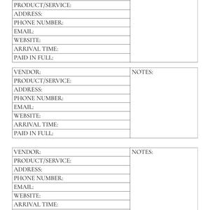 May include: A white form with three sections, each containing fields for vendor information, product details, and notes. The fields include "Vendor," "Product/Service," "Address," "Phone Number," "Email," "Website," "Arrival Time," and "Paid in Full."