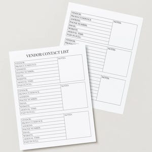 May include: Two white Vendor Contact List sheets with black text and lines. The sheets include fields for vendor information, product/service details, and notes. One sheet is angled, and the other is in the background.