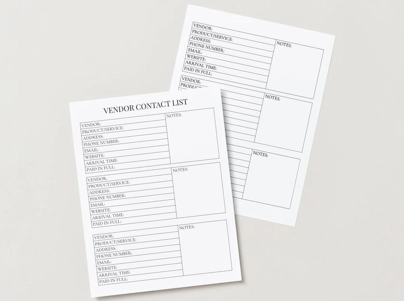 May include: Two white Vendor Contact List sheets with black text and lines. The sheets include fields for vendor information, product/service details, and notes. One sheet is angled, and the other is in the background.