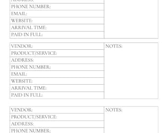 Vendor Contact List Template, Event Planner Logistics Tracker, Wedding Vendor Worksheet, PDF Digital Download