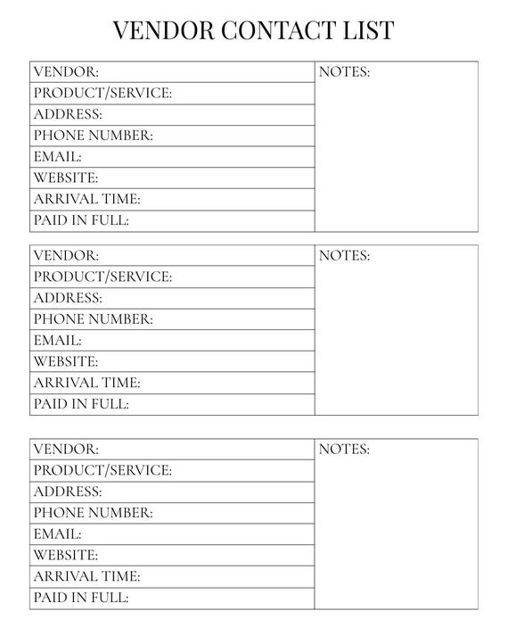 Vendor Contact List Template, Event Planner Logistics Tracker, Wedding Vendor Worksheet, PDF Digital Download