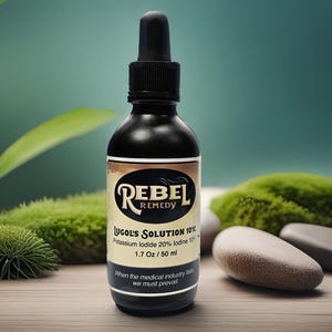 May include: A black bottle of Rebel Remedy Lugol's Solution 10% with a dropper. The label includes the text "Potassium Iodide 20% Iodine 10%" and "1.7 Oz / 50 ml". The bottle is set against a blurred background with green moss and stones.