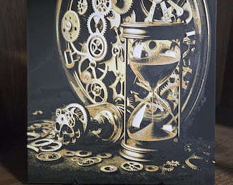 3D Skull Picture: Fleeting Time, Hourglass & Broken Clock