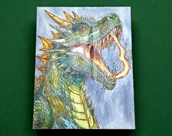 Watercolor Fire Breathing Dragon Portrait: Laser Engraved Wood Wall Art