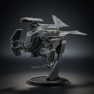 May include: A gray plastic model of a starship featuring a central cockpit with a multi-paneled window, angular wings, and multiple protruding weapon barrels. The spacecraft is mounted on a black display stand with a circular base.