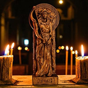 May include: A wooden statue of Artemis, the Greek goddess of the hunt, stands on a stone surface, with the word "ARTEMIS" at the base. Lit candles flank the statue, creating a warm, inviting glow. The background is dark, with blurred lights.