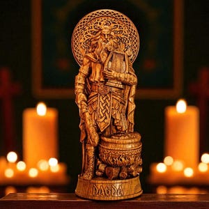 May include: A carved wooden statue of Dagda, a Celtic deity, holding a harp and a cauldron. The statue features detailed Celtic knotwork and stands on a wooden base. The word "DAGDA" is carved on the base. The background includes candles and a blurred image.