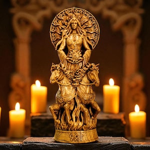 Standbeeld Sol, Noorse godin Sol, Sol-altaarfiguur, figuur soennagodin, heidens altaar, Asatru, Noorse mythologie, heidens standbeeld, Noors cadeau