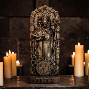 May include: A detailed bronze-colored statue of a robed figure holding a book and staff, with a lion's head, set against a dark background. The statue is adorned with clockwork gears and the word "MORBUS" on the base. Lit candles surround the statue.