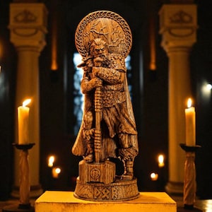 Standbeeld van Thor, Noorse god Thor, houten Thor, Vikingstandbeeld, Noorse mythologie, Asatru-altaar, figuur Noorse god, decor heidens huis, heidens altaar