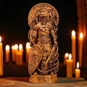 Standbeeld van Tyr, gesneden Tyr-beeldje, standbeeld Noors altaar, heidens decor, Scandinavische mythologie, Tyr Viking God, aangepast Viking-standbeeld, altaarstandbeeld