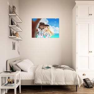 May include: A vibrant anime-style print depicting two young women in sailor outfits, positioned near a tree. The background showcases a bright blue sky, white clouds, and a turquoise ocean. The women are wearing white tops and sailor hats.