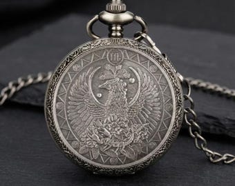 Reloj de bolsillo de cuarzo con grabado de fénix mítico - Tono plata antigua - Reloj vintage coleccionable