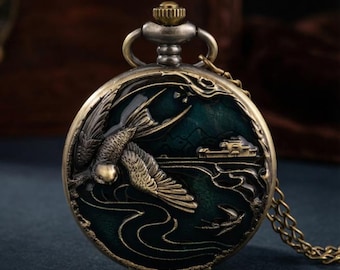 Antique Bronze Tone Pocket Watch with Intricate Swallow & Landscape Relief, Green Enamel Accents, Vintage Collector's Timepiece