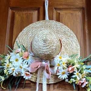 Elegant Straw Hat Door Hanger | Straw Hat Wreath, Door Wreath, Silk Flower Wreath, Spring Garden Hat, Fall Wreath for Door, Floral Hat Decor