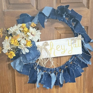 Blue Jean Rag Wreath: Denim Shabby Chic Door Hanging with Floral Accents