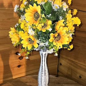 Sunflower Centerpiece with Real Touch Faux Flowers in Rustic Candle Holder Vase, Summer Table Decor, Gift for Mom, Everyday Floral Accent