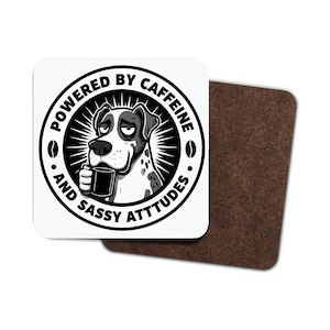 4 Pack Hardboard Coaster Merle Great Dane Cartoon With Coffee Mug And Text (1)