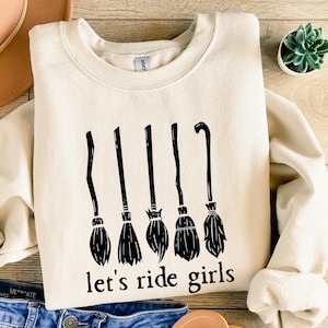 Halloween Let’s Ride Girls Shirt, Witches Halloween Shirt, Women&#39;s Halloween Shirt, Cute Fall Gift, Gift for her, Trendy Halloween Shirt