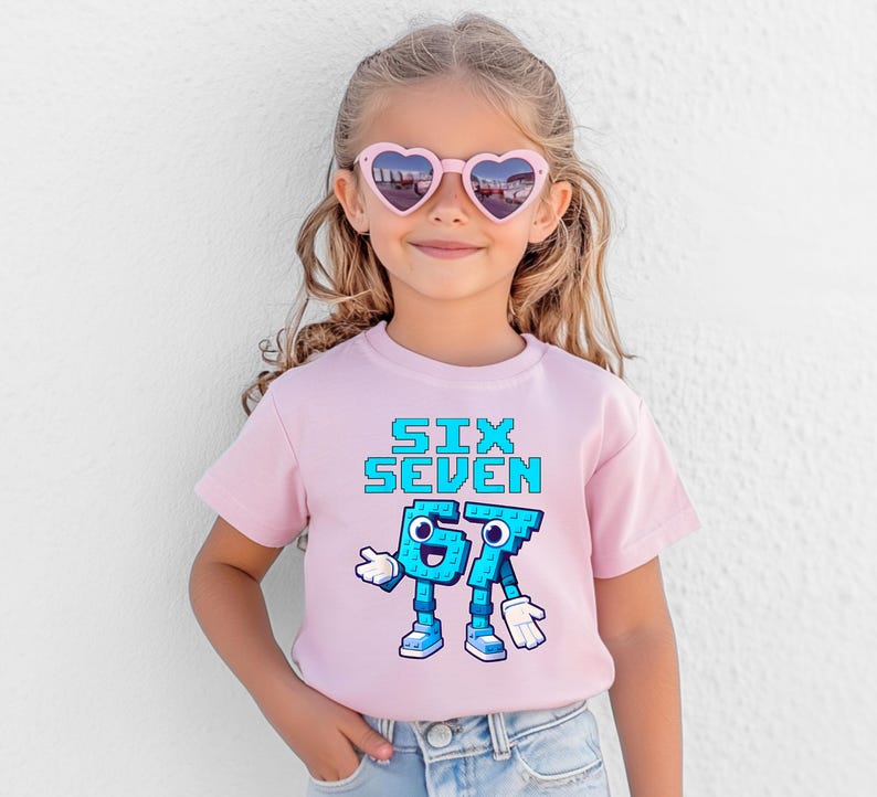May include: A light pink t-shirt with the words "SIX SEVEN" in blue pixelated font. Below the text is a cartoon graphic of the numbers 6 and 7 with arms, legs, and shoes. The child is wearing heart-shaped sunglasses.