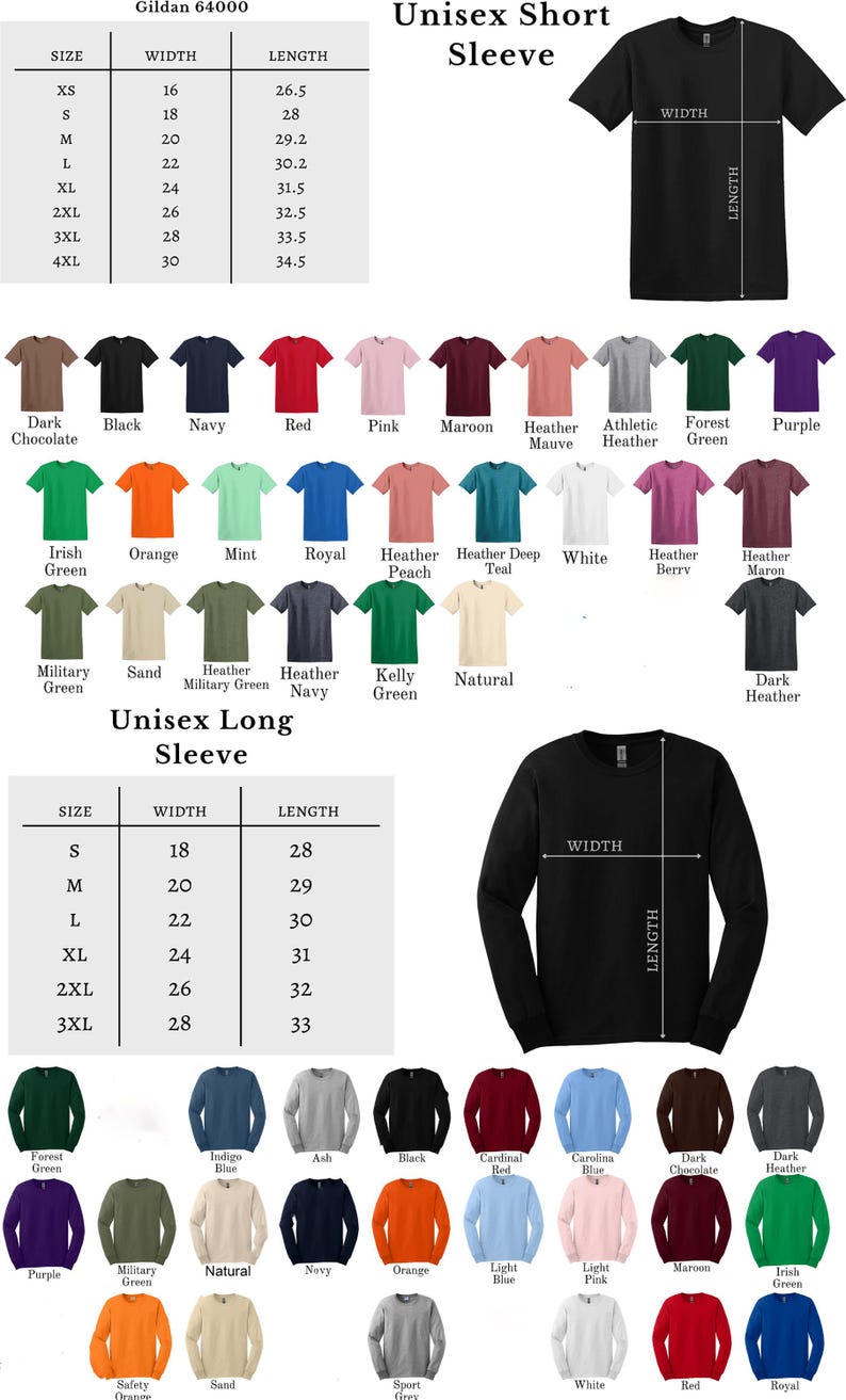 May include: A product catalog featuring Gildan 64000 unisex short and long sleeve shirts. The image displays a size chart with measurements in inches and a color palette including black, navy, red, and various other hues.
