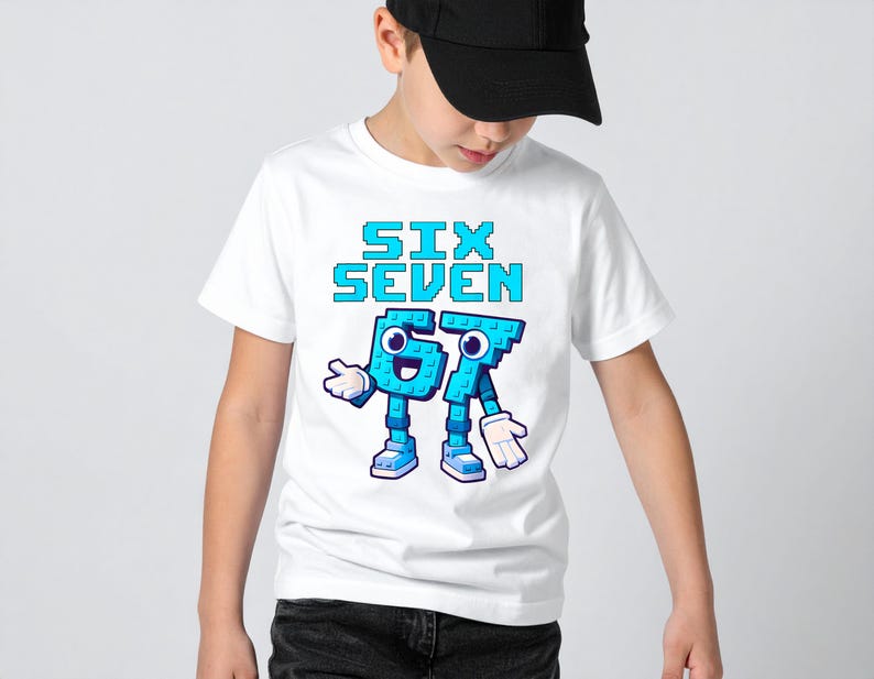 May include: White t-shirt featuring the text "SIX SEVEN" in blue pixelated letters. Below the text are the numbers 6 and 7, designed as cartoon characters with arms, legs, shoes, and gloves. The shirt is worn by a person wearing a black cap.