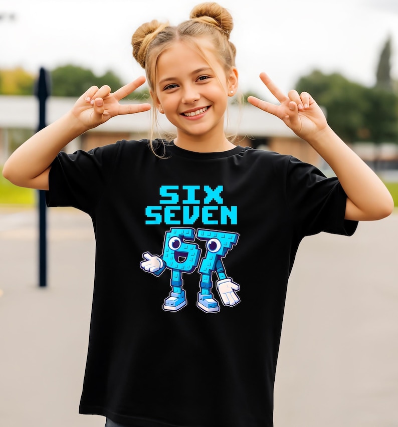 May include: Black t-shirt with the words "SIX SEVEN" in blue pixelated font. Below the text is a cartoon figure of the numbers 67 in blue, with white gloves and shoes. The shirt is worn by a young girl.