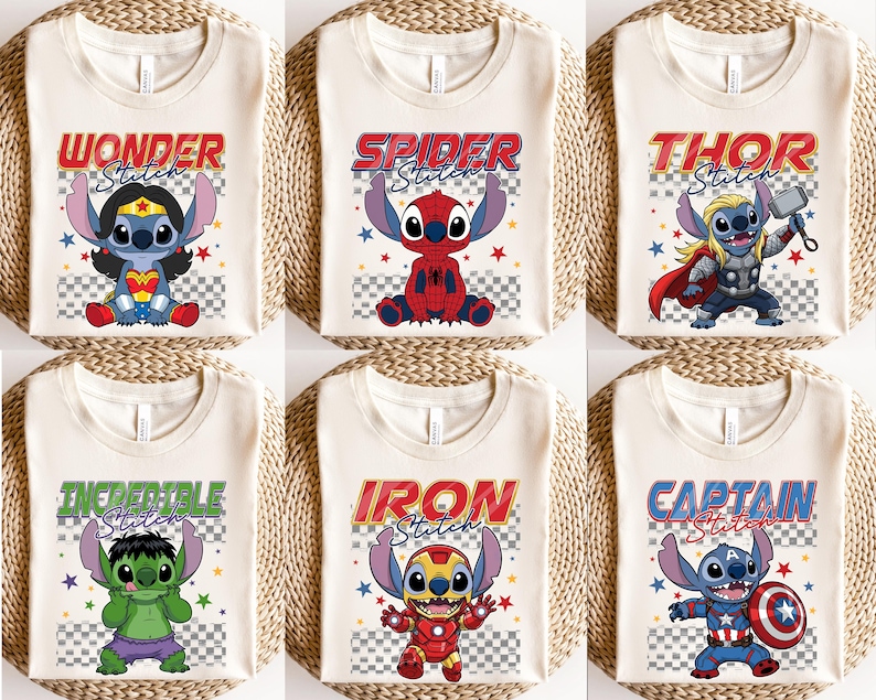 May include: Six cream-colored t-shirts with cartoon character designs. Each shirt features a different superhero-themed Stitch character with text above. The designs include Wonder, Spider, Thor, Incredible, Iron, and Captain Stitch.