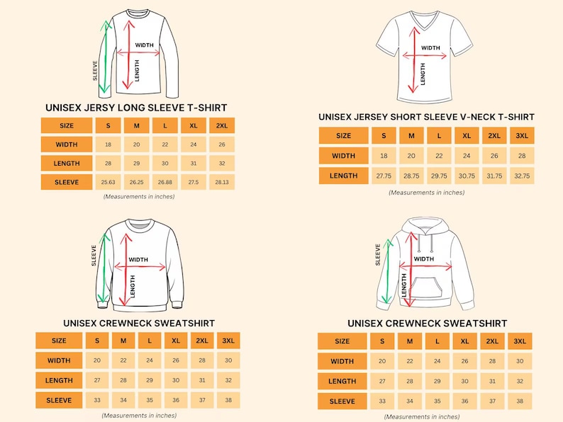 May include: Diagrams of unisex t-shirts and sweatshirts with size charts. Includes a long-sleeve t-shirt, a short-sleeve V-neck t-shirt, a crewneck sweatshirt, and a hooded sweatshirt. Measurements are in inches.
