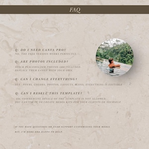 May include: A beige FAQ template with a marble-like background. The text includes questions about Canva Pro, included photos, and template customization. A circular image shows a person in a pool.