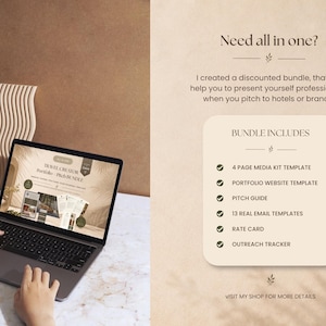 May include: A laptop displaying a presentation on a marble surface. The screen shows a travel creator portfolio. Text on the right side reads "Need all in one?" and lists bundle contents: media kit, website template, pitch guide, email templates, rate card, and outreach tracker.
