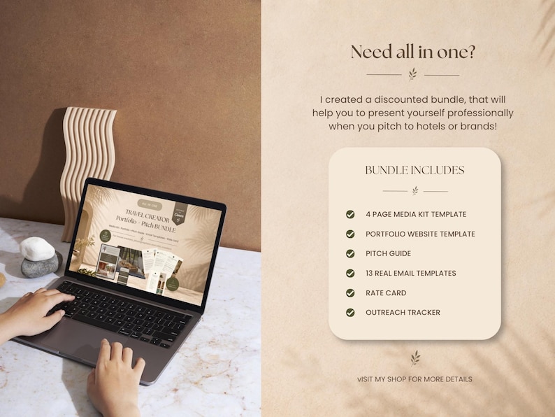 May include: A laptop displaying a presentation on a marble surface. The screen shows a travel creator portfolio. Text on the right side reads "Need all in one?" and lists bundle contents: media kit, website template, pitch guide, email templates, rate card, and outreach tracker.